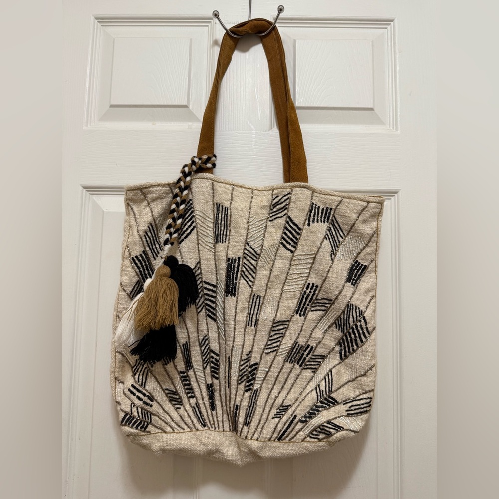 Beaded Black and Cream Tote Bag